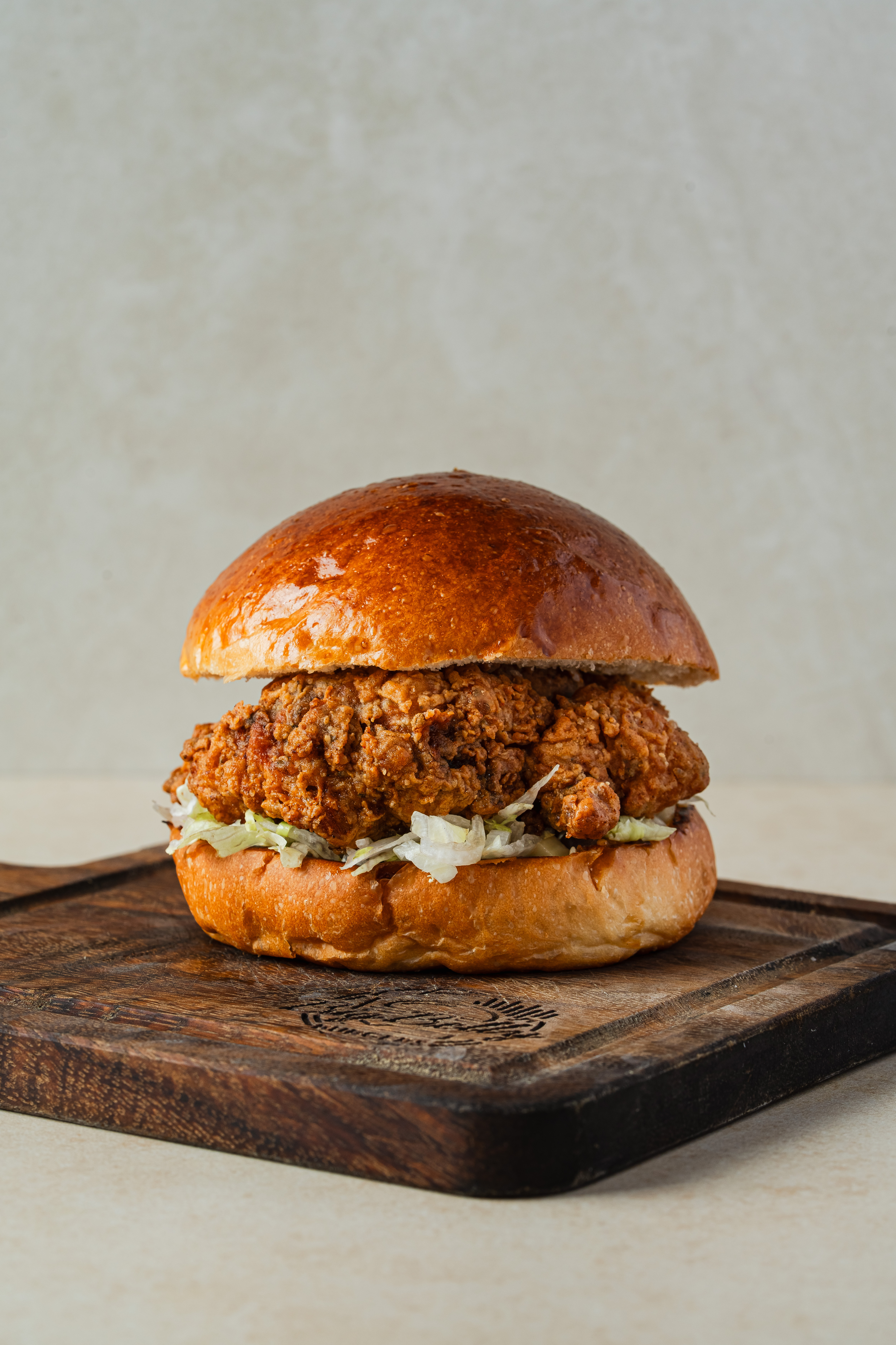 Fried chicken burger on brioche bun