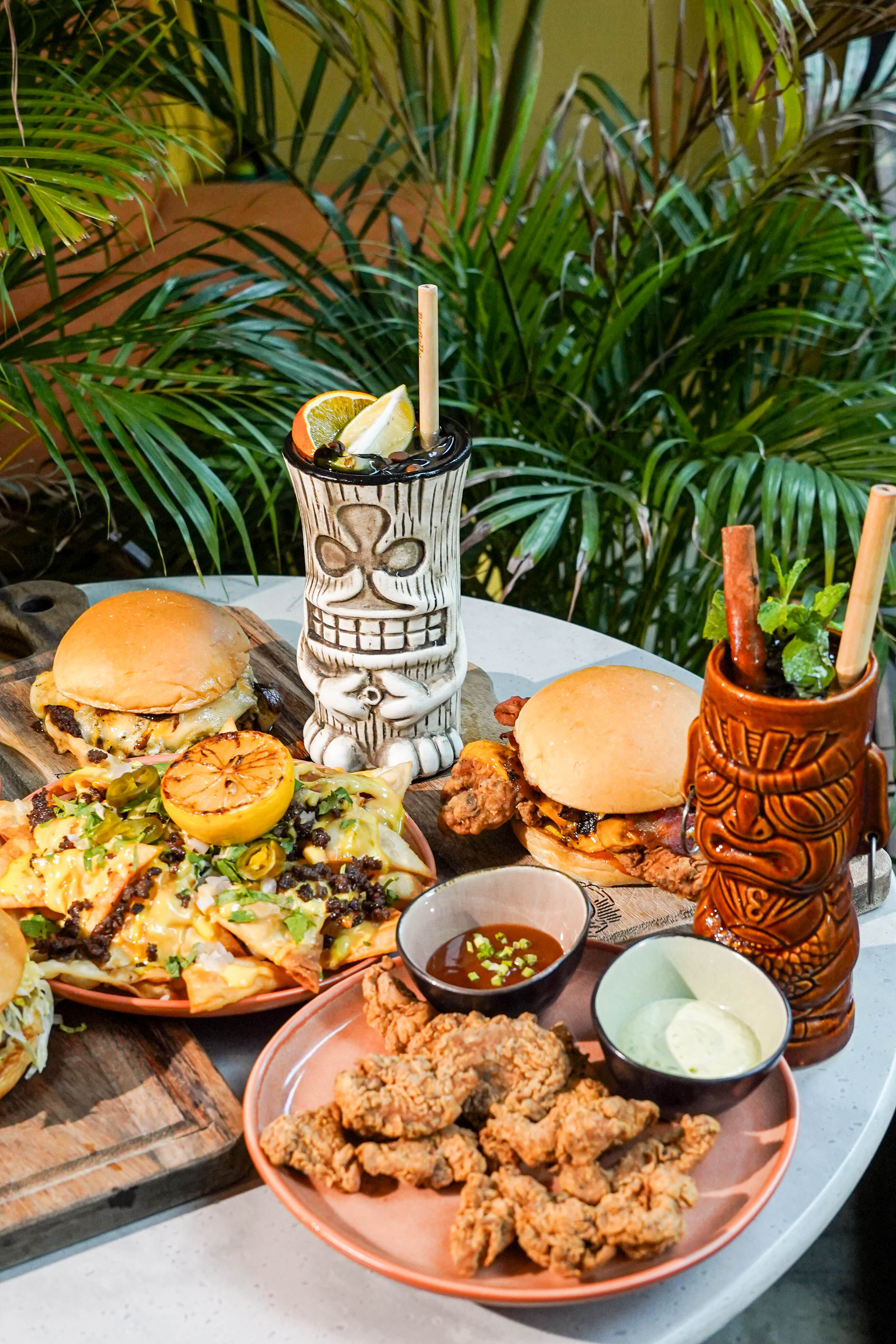 Table spread with food and drinks